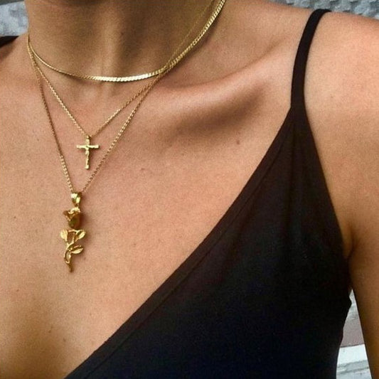 Trendy Alloy babygirl women necklace cross and rose pendant gold plated layered necklace