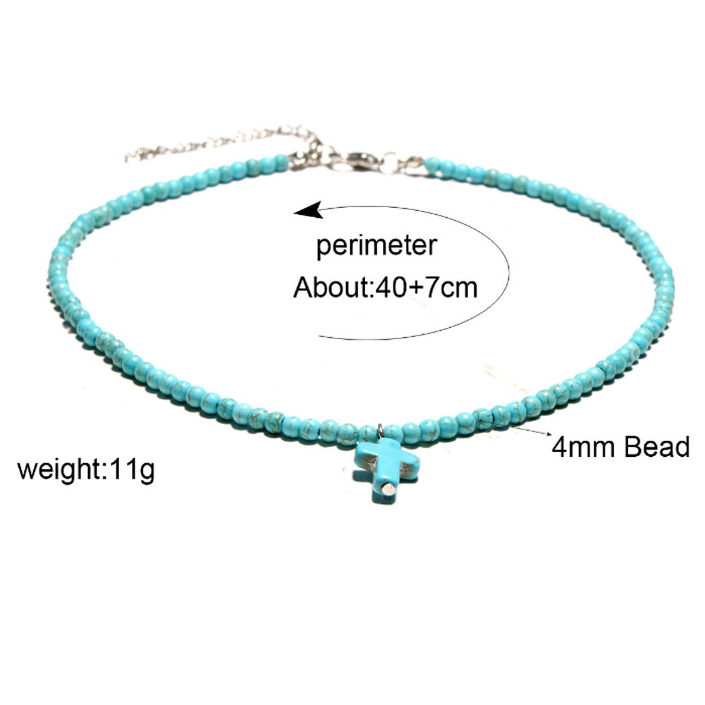 handmade blue turquoise and white howlite 4mm stone seed beads choker necklace with cross pendant