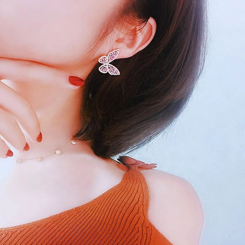 Korean Fashion Jewelry Butterfly Stud Earring Luxury Zircon Wedding Earring Women Crystal Beaded Glitter Butterfly Earrings