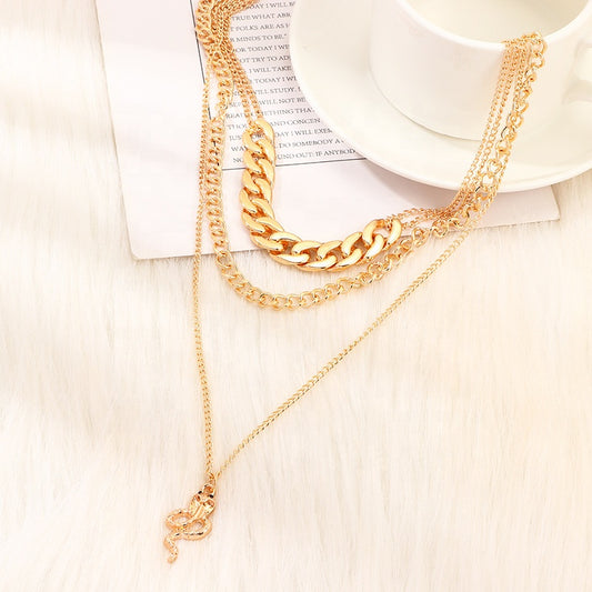 Trendy Chinese Style Alloy Snake Animal Necklace Jewelry Cuban Link Choker Layered Zodiac Snake Necklace