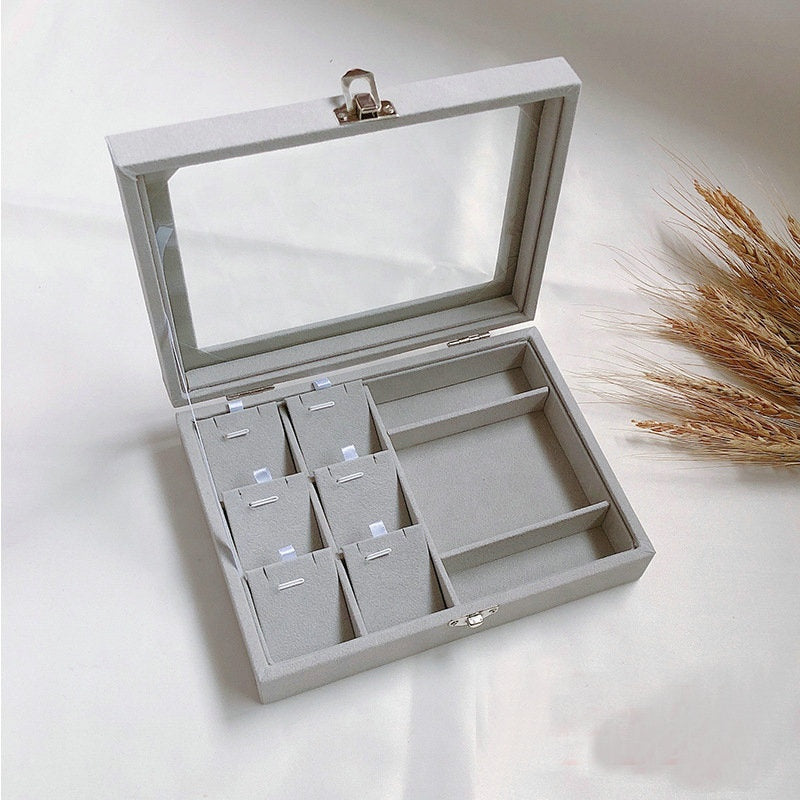 20*15*5cm Gray Velvet Flannelette Glass Acrylic Tray with lid  Necklace Earring Ring Showcase Storage Organizer Box Jewellery Display Tray