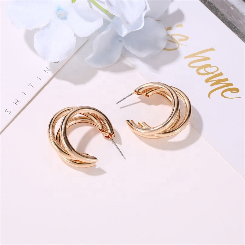 Vintage multi layered geometric triple hoops earrings trendy minimalist gold plated hoop earrings