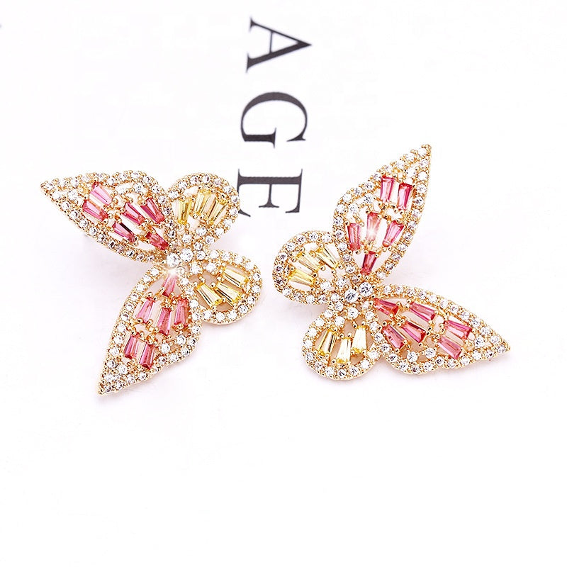 Korean Fashion Jewelry Butterfly Stud Earring Luxury Zircon Wedding Earring Women Crystal Beaded Glitter Butterfly Earrings