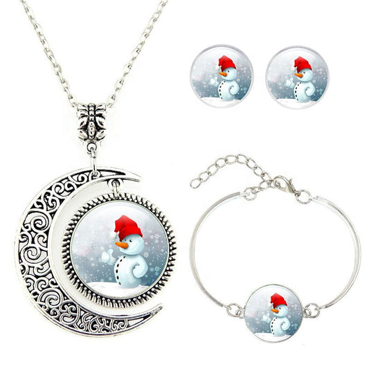 Silver Color Women Christmas Snowman Earrings Bracelet Moon Star Gem Necklace Jewelry Sets for Christmas New Year gift