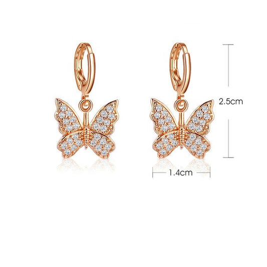 Korea trendy fashion crystal rhinestone butterfly earring jewelry gold color butterfly huggie hoop earrings