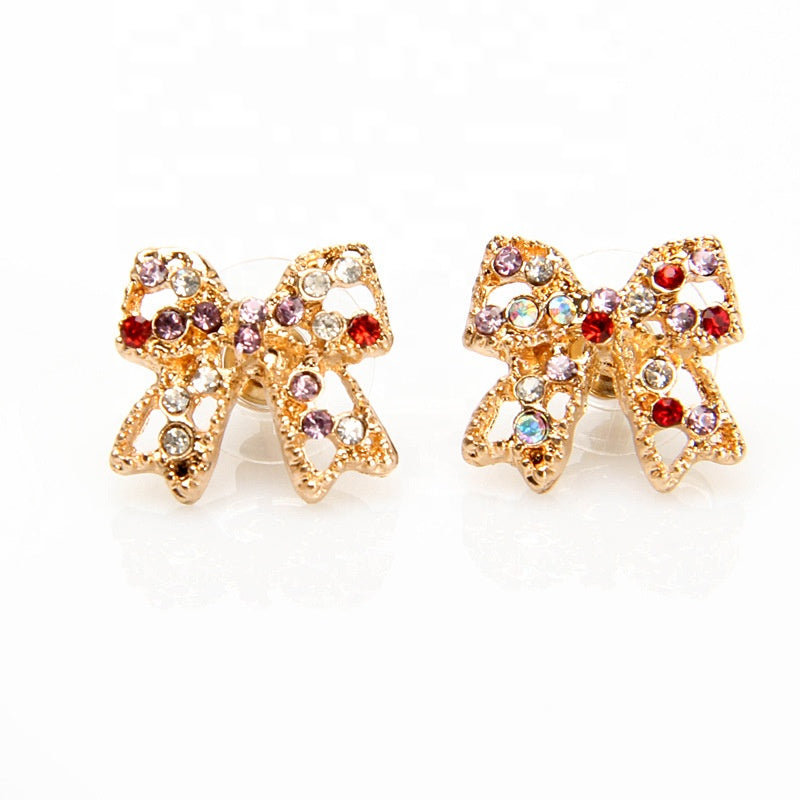 Fashion Stud Earrings Multicolor Crystal Rhinestone Cute Butterfly Knot Earrings for Women