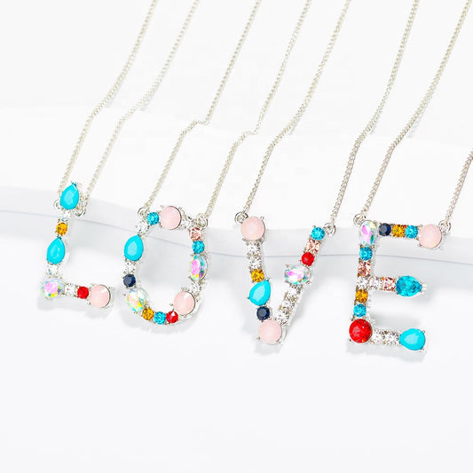 Bohemian Alloy Rainbow Necklace Jewelry Color Zircon Crystal Rhinestone Alphabet Initial Letter Gold Name Necklace for Mom women girls