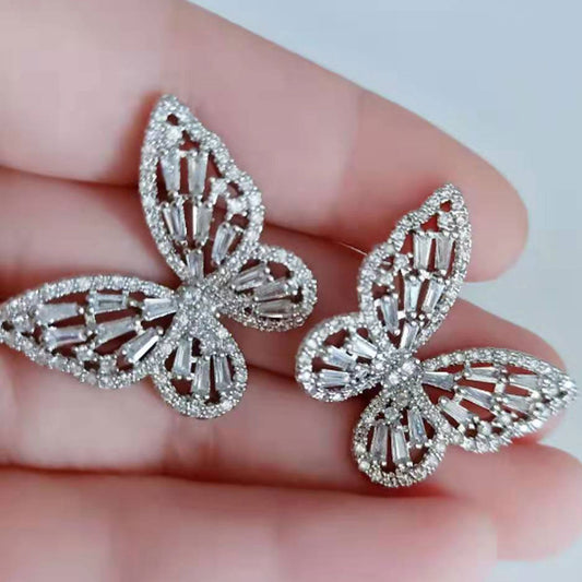 AAA cubic zirconia butterfly butterflies wing 14k gold plated stud earring jewelry women