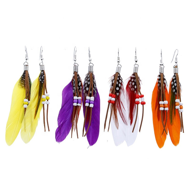 Vintage Ethnic Rainbow beads Feather Beaded Dangle Long Drop Earrings for Women Female Boho Alloy Jewelry Accessories