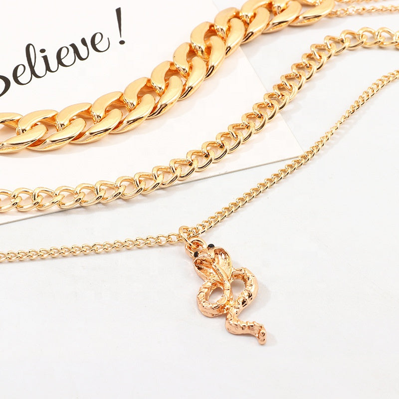 Trendy Chinese Style Alloy Snake Animal Necklace Jewelry Cuban Link Choker Layered Zodiac Snake Necklace