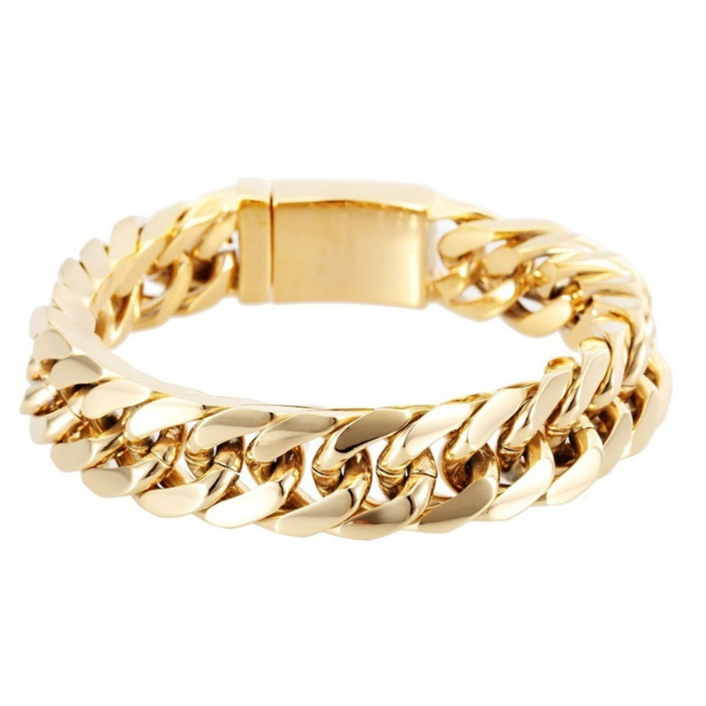 brass alloy gold color cuban chain 12mm wide curb key chain bracelet men jewelry