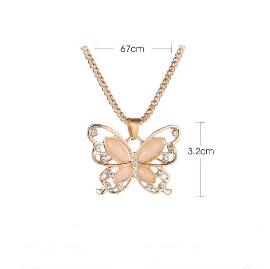 Trendy fashion Alloy women butterfly sweater chain rose gold opal crystal rhinestone butterfly charm jewelry dainty butterfly necklace