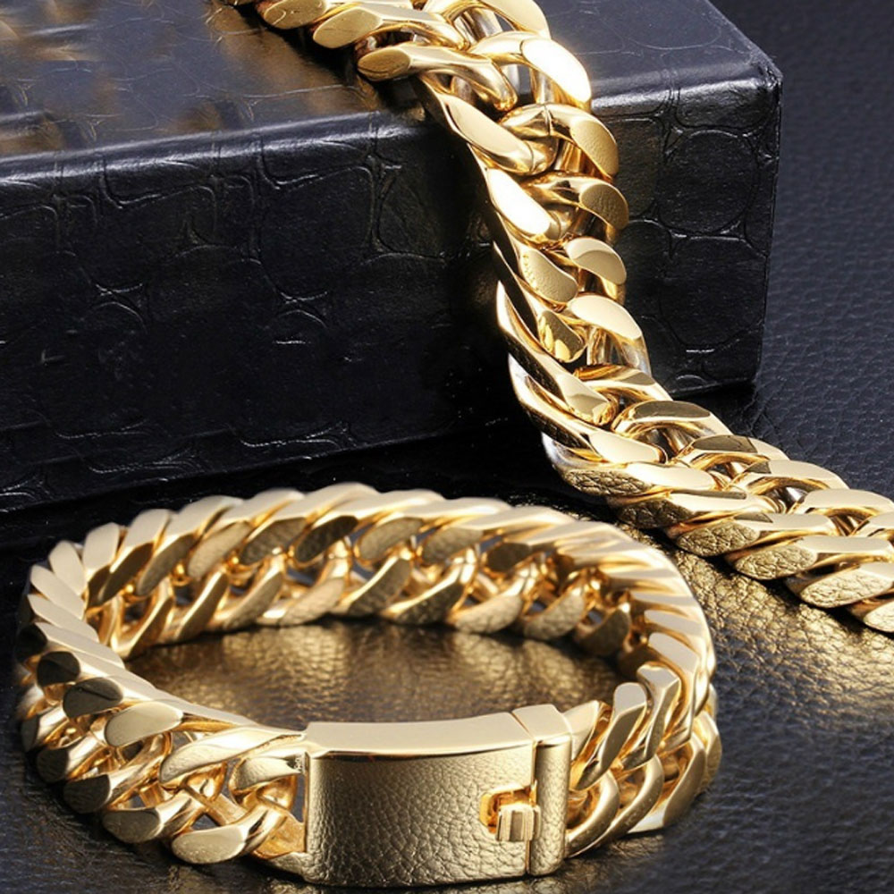 brass alloy gold color cuban chain 12mm wide curb key chain bracelet men jewelry