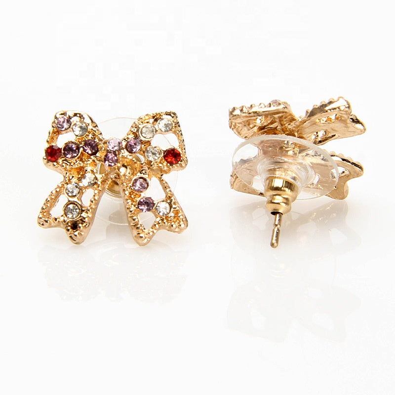 Fashion Stud Earrings Multicolor Crystal Rhinestone Cute Butterfly Knot Earrings for Women
