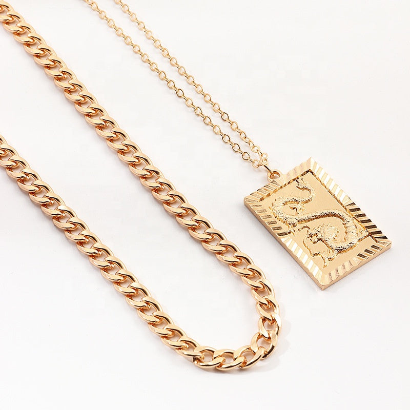 Trendy alloy Punk Gold Dragon Coin Pendant Necklace Jewelry Cuban Link Choker Layered Zodiac Dragon Necklace