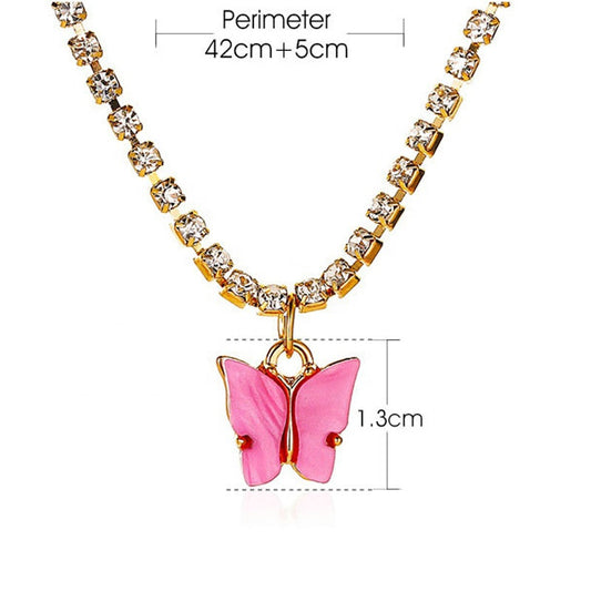 White Purple Blue Pink Butterfly Crystal Rhinestone Engraved Tennis Chain Charm Necklace Butterfly