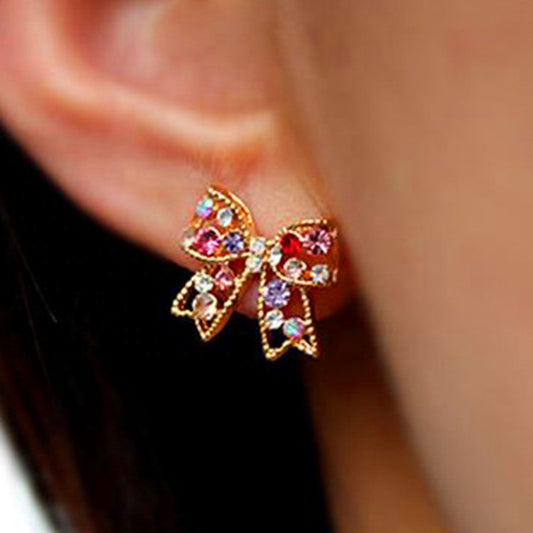 Fashion Stud Earrings Multicolor Crystal Rhinestone Cute Butterfly Knot Earrings for Women