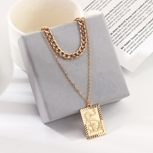 Trendy alloy Punk Gold Dragon Coin Pendant Necklace Jewelry Cuban Link Choker Layered Zodiac Dragon Necklace