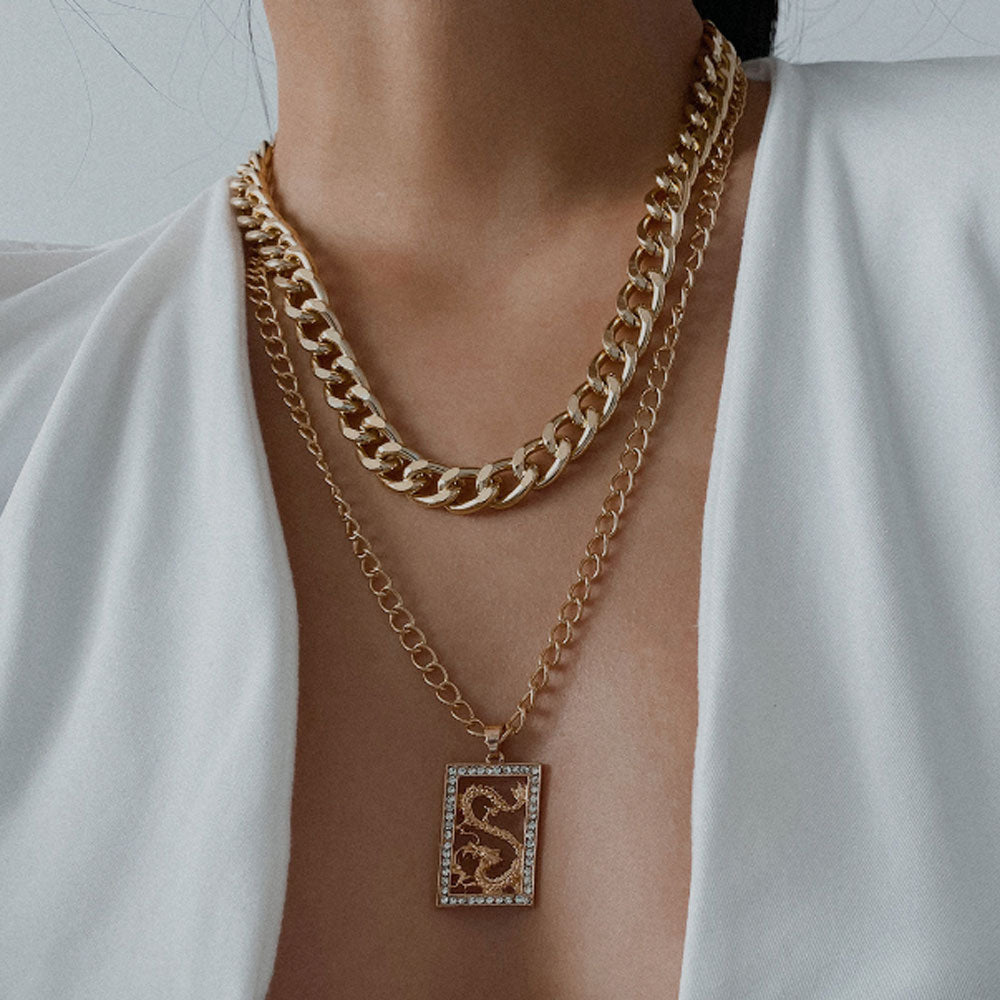 fashion 2 layers bohemian brass alloy gold plated zodiac dragon necklace jewelry