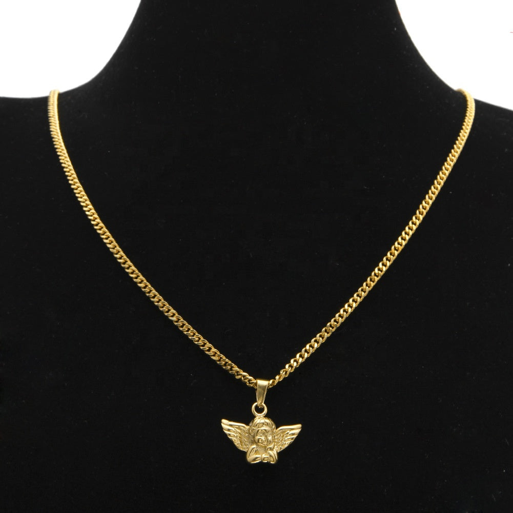 Fashion Hip Hop Men Necklace Stainless Steel 3mm Cuban Link Chain Copper with Gold Plated Angel Pendant Necklace
