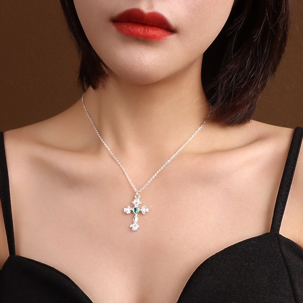 wholesale stainless steel rose flower cross charm cubic zircon zirconua emerald pendant chain necklace for women