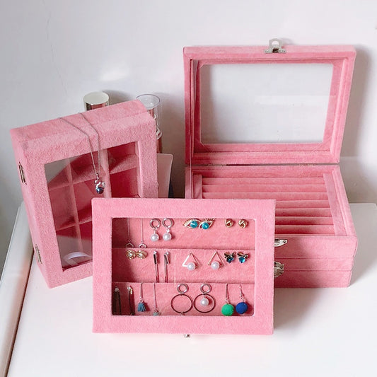 Pink Velvet jewelry tray with lid Luxury Wood Ring Earring Storage Case Display Box Organizer