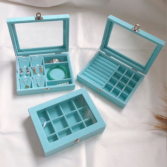 Blue Wood Velvet Watch Bangle Necklace Ring Earring Storage Case jewellery box Organizer Tray with glass lid