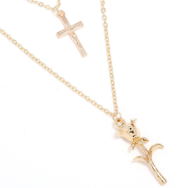 Trendy Alloy babygirl women necklace cross and rose pendant gold plated layered necklace