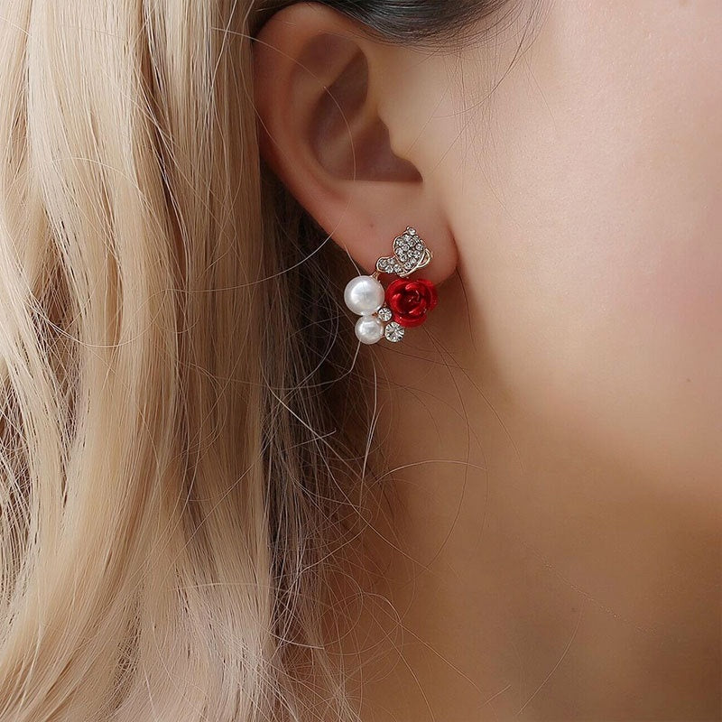 Rose Shape Pearl Crystal Zircon Butterfly Earring Camellia Flower Ear Stud Women Earring Jewelry