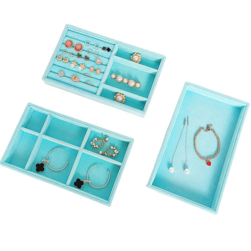 21*12.5*2cm Blue Drawer Divider Wooden with Luxury Velvet Jewellery Storage Earring Ring Organizer Jewelry Display Tray