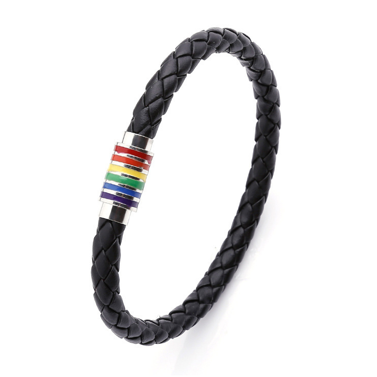 gay pride lgbt rainbow magnetic clasp leather bangle bracelet