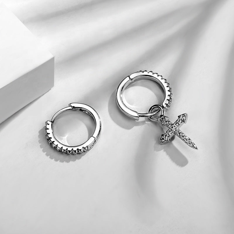unisex brass alloy asymmetric jesus cross pendant dangle earring women earrings jewelry with zircon beads paving