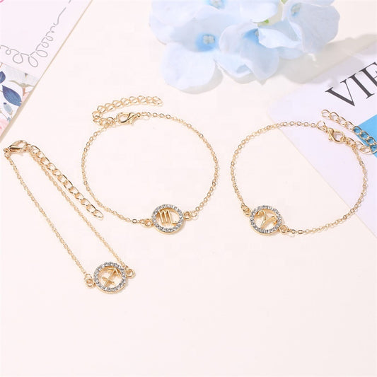 Fashion Adjustable Alloy Hollow Bracelet Jewelry Diamond Crystal Rhinestone Twelve Constellation Gold Zodiac Signs Woman Bracelet