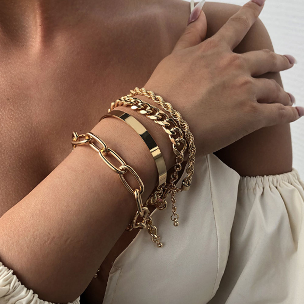 women's brass alloy multi chunky cuban chain twisted bracelet & cuff bangles set jewelry