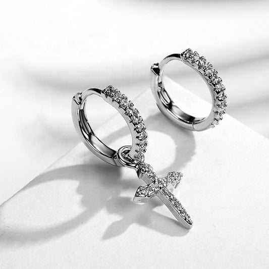 unisex alloy small asymmetric hoop jesus cross pendant dangle earring women earrings jewelry with diamond zircon beads paving