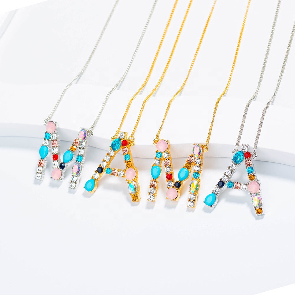 Bohemian Alloy Rainbow Necklace Jewelry Color Zircon Crystal Rhinestone Alphabet Initial Letter Gold Name Necklace for Mom women girls