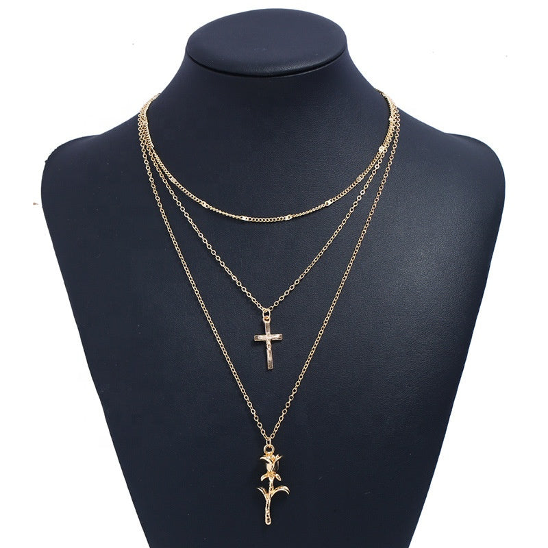 Trendy Alloy babygirl women necklace cross and rose pendant gold plated layered necklace