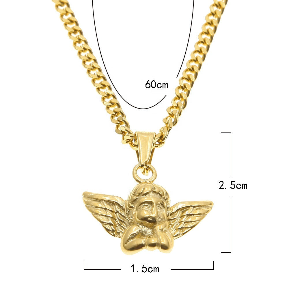 Fashion Hip Hop Men Necklace Stainless Steel 3mm Cuban Link Chain Copper with Gold Plated Angel Pendant Necklace
