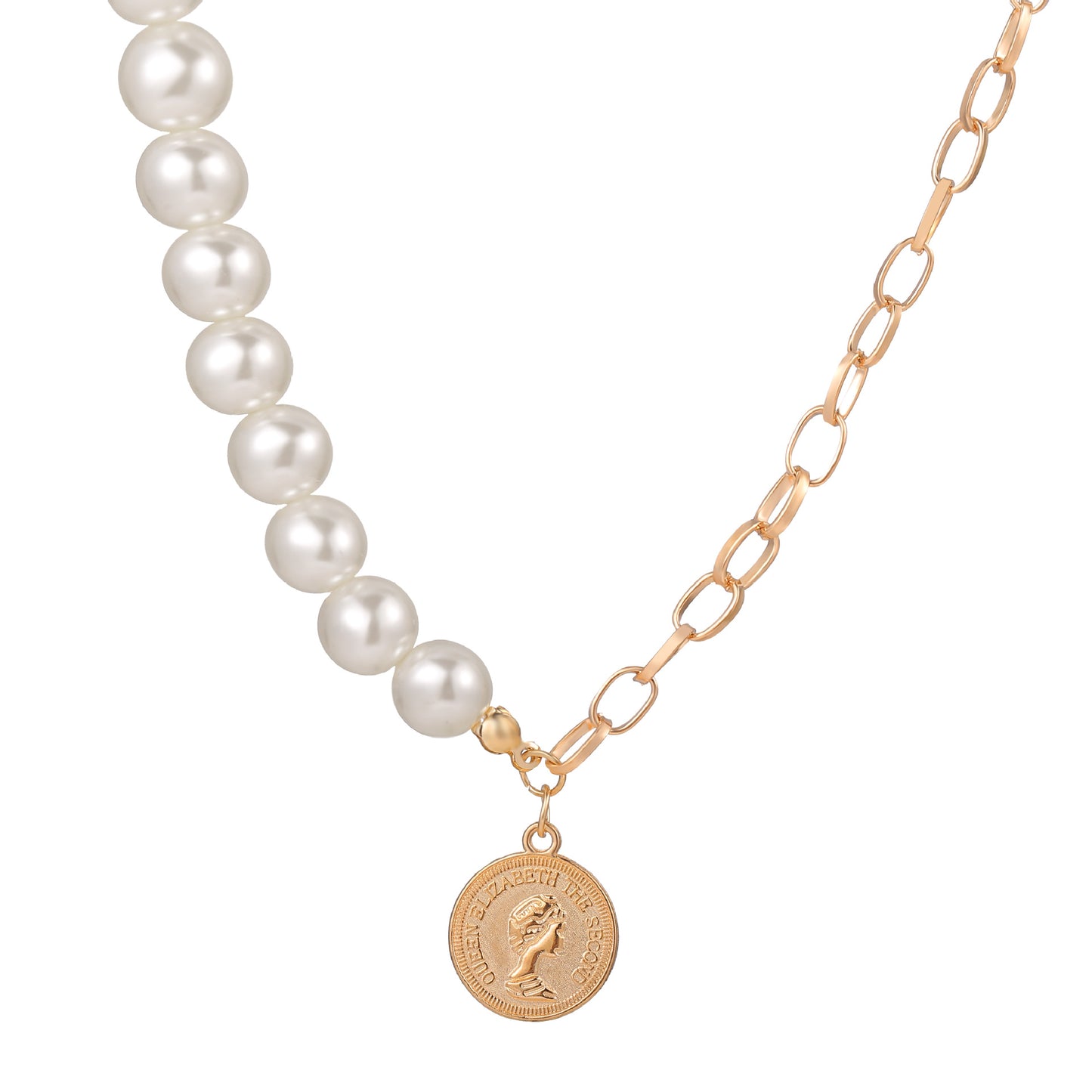 fashion brass alloy abs pearl beads with Elizabeth Queen Coin Pendant Necklace Jewelry for Women
