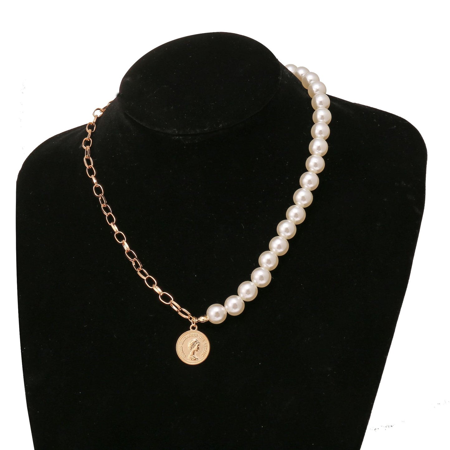 fashion brass alloy abs pearl beads with Elizabeth Queen Coin Pendant Necklace Jewelry for Women