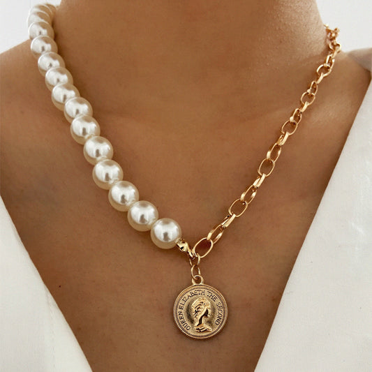 fashion brass alloy abs pearl beads with Elizabeth Queen Coin Pendant Necklace Jewelry for Women