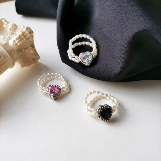 handmade elastic artificial pearl beads beaded resizable black heart charm dome finger ring jewelry rings
