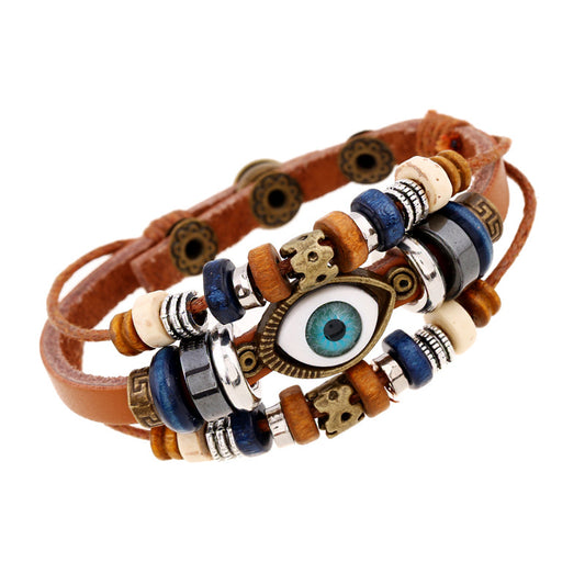 Fashion leather design multi layers evil eyes boho charm good luck bracelet unisex men jewelry China Supplier Manufacturer