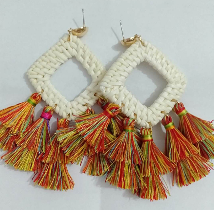 Fabric Tassel Rattan Earrings OEM Handmade Jewelry