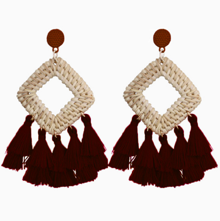 Fabric Tassel Rattan Earrings OEM Handmade Jewelry