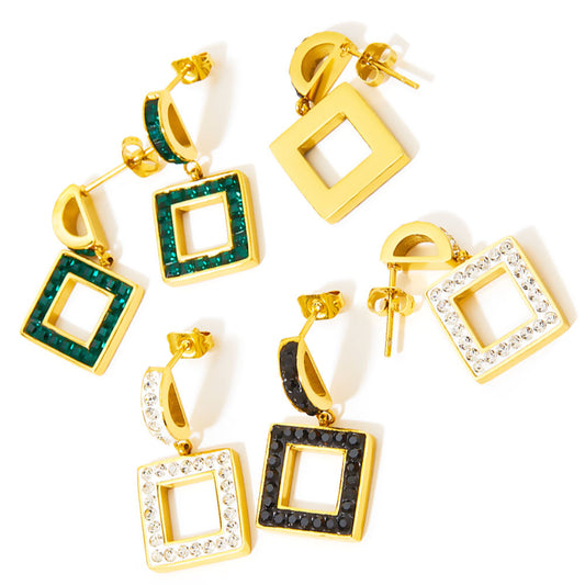 wholesale stainless steel gold plated 14k square dangle earring zircon beads women China manufacturer factory supplier