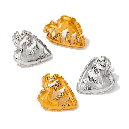 wholesale stainless steel gold plated 14k 25mm heart zircon beads stud earring women China manufacturer factory supplier