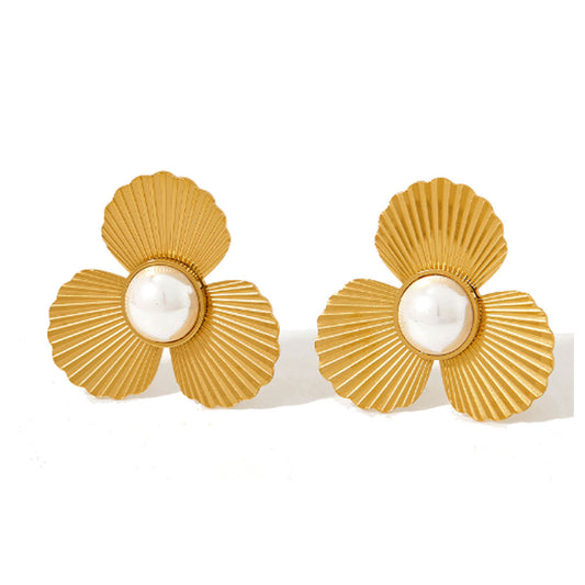 wholesale stainless steel gold plated 14k flower imitation pearl bead stud earring women China manufacturer factory supplier