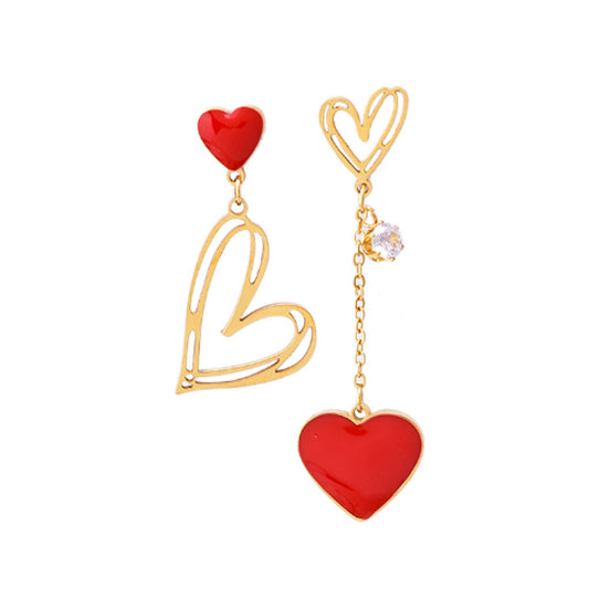 wholesale stainless steel gold plated zircon charm red heart dangle asymmetric earring women China manufacturer factory supplier