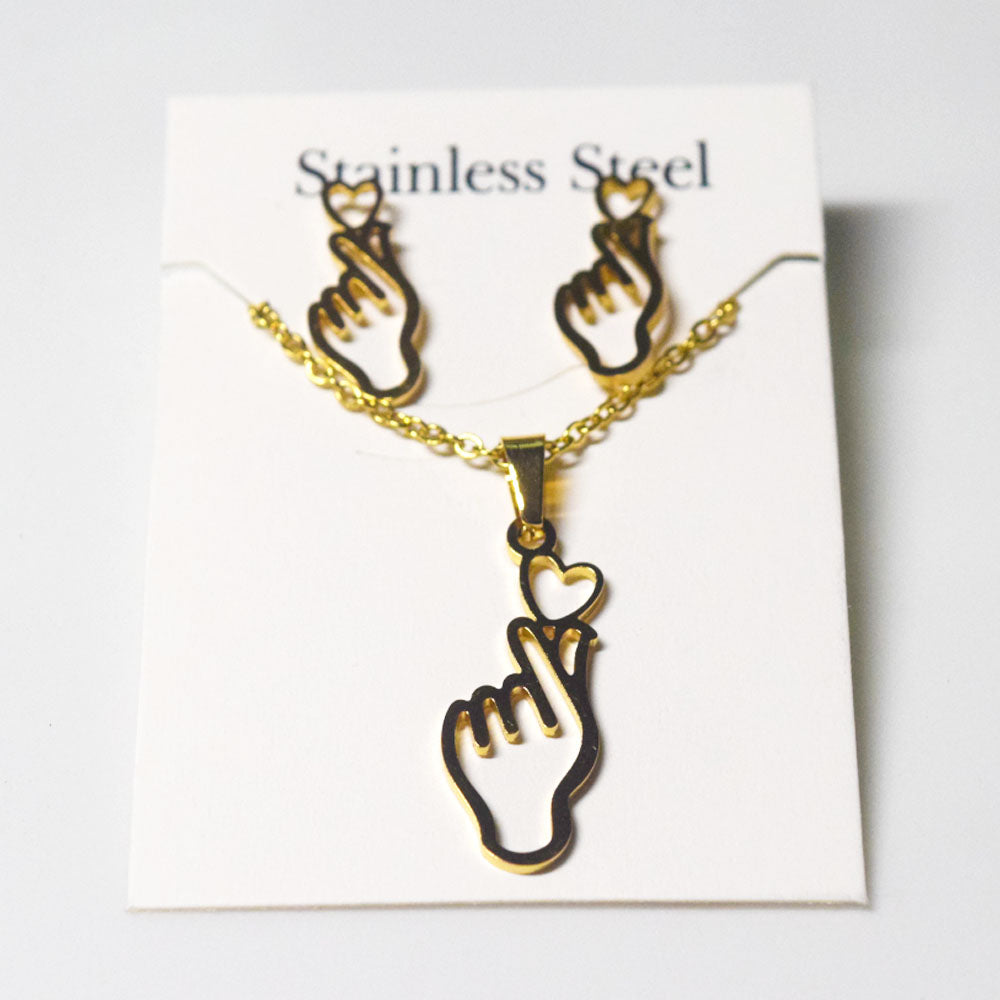 fashion women stainless steel gold color love you hand gesture necklace and earring jewelry set